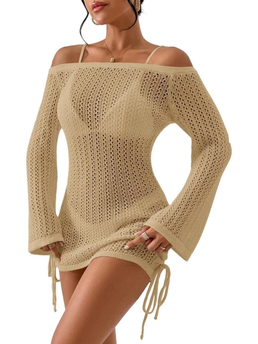Women's Apricot Slight Stretch Bathing Suit Cover Ups Hollow Out Dress Knit Tops